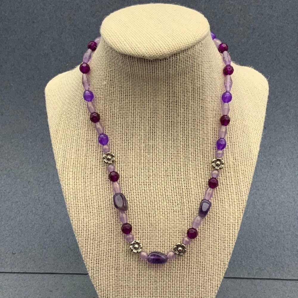 Purple Silver Flower Necklace Organic Round Beads Made With Love